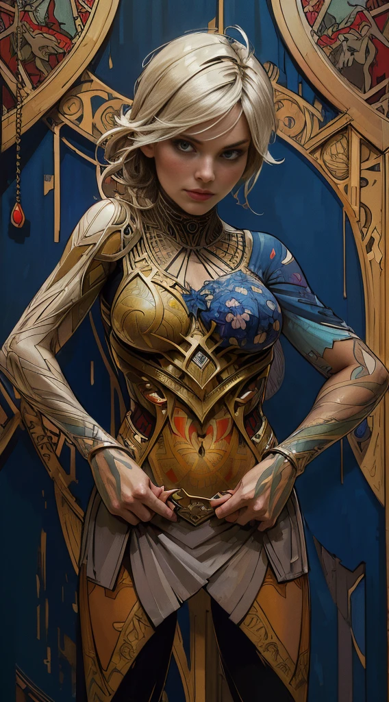Elisha Cuthbert、Sticking out the navel、newyork、She wears a torn Spider-Man suit,wearing a skirt、abstract photorealistic、artistic、Alphonse Mucha's painting(masterpiece、highest quality、High resolution:1.4)、detailed、複雑なdetailed、In 4K、color splash、line drawing、fibonacci、
