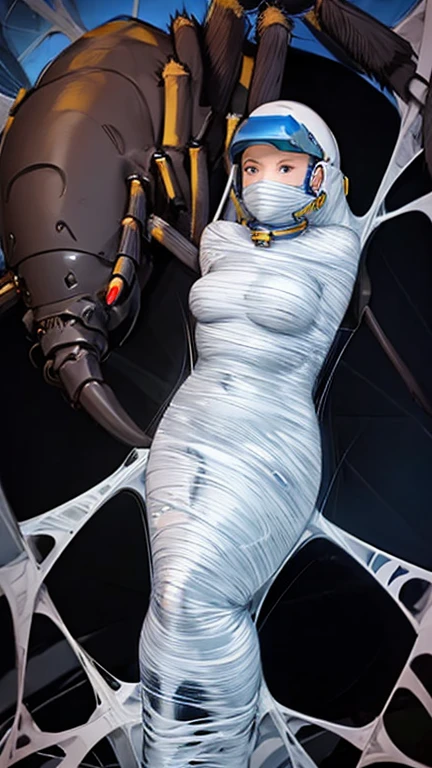 1 girl wearing a space helmet, trapped within a cocoon made of silk, spider web