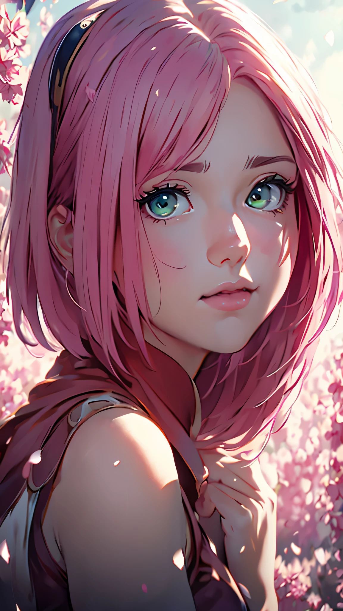 (best quality,highres,masterpiece:1.2),ultra-detailed,realistic:1.37,HD,studio lighting,professional,sharp focus,physically-based rendering,vivid colors,bokeh,portraits

Haruno Sakura from the anime Naruto is the subject of the artwork. She has a seductive, flexible and slender physique. Her body details are well-proportioned with medium-sized, well-maintained breasts and long legs. The focus is on her face, with special attention given to her wide-open eyes which are captivating and detailed. Sakura strikes a seductive pose that enhances her appeal. The background features a heavenly scene, with magnificent cherry blossoms in full bloom, providing a serene and enchanting atmosphere.

The artwork is created using high-quality materials, such as masterful illustrations and professional-grade techniques. The image quality is outstanding, with a resolution of 4K or 8K, showcasing ultra-fine details that appear almost lifelike. The rendering is done with extreme precision and realism, resulting in a visually stunning and photorealistic representation of Sakura.

The overall artistic style of the image is focused on capturing the elegance and beauty of Sakura. The portrait provides an intimate and up-close look at her character, allowing viewers to appreciate her stunning features and captivating presence. The color palette used is vibrant, with vivid colors that enhance Sakura's allure and create a visually appealing composition.

The lighting in the artwork is carefully crafted to highlight Sakura's beauty and create a captivating atmosphere. Studio lighting techniques are employed to ensure that every detail is illuminated with precision and clarity. The lighting enhances the depth and three-dimensionality of the image, creating a sense of realism and depth.

In summary, the prompt for the Stable Diffusion is: "Haruno Sakura from the anime Naruto, best quality, highres, masterpiece:1.2, ultra-detailed, realistic:1.37, HD, studio lighting, professional, sharp focus, physically-based rendering, vivid colors, bokeh, portraits."