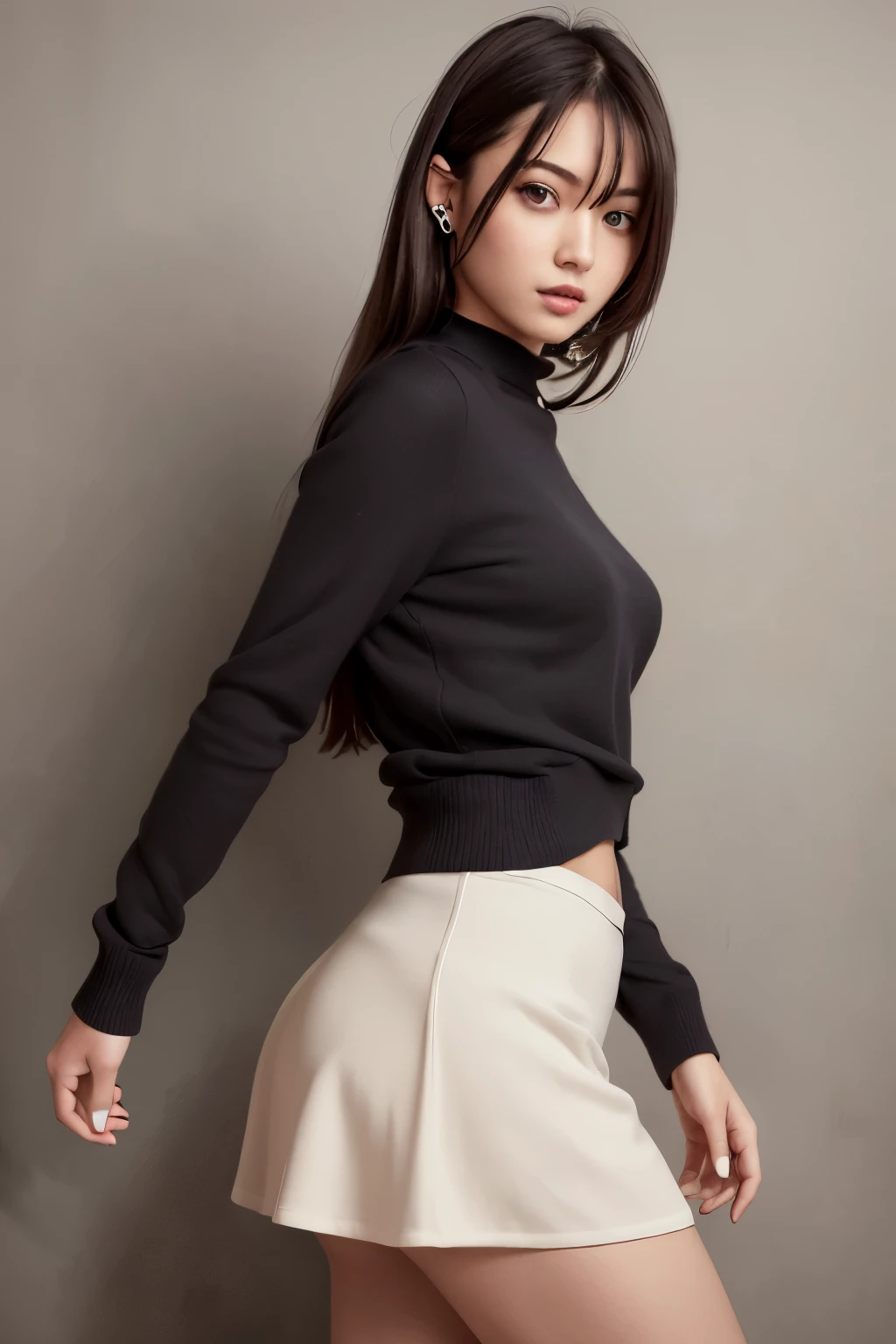 ((masterpiece, best_quality)), 1girl, (photorealistic:1.4), solo, white_background, black_hair, long_hair, zettai_ryouiki, skirt, ((full_body)),