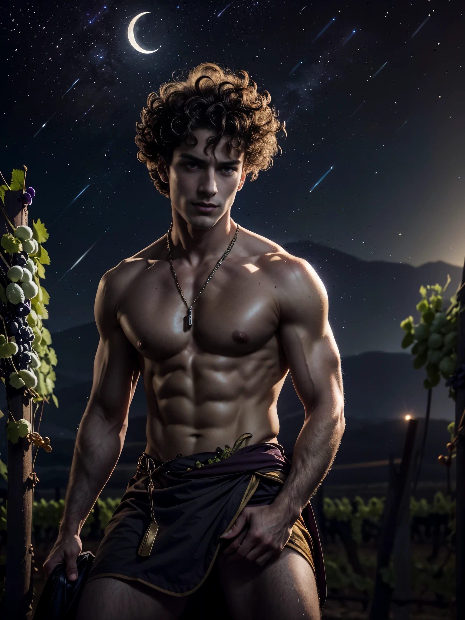 ((masterpiece)),((best quality)),8k, high detailed, ultra-detailed, Stylish Pose, real skin texture, dark lighting, 25 year-old Italian male model, barechested, shirtless, handsome italian, cute looking, divine look, powerful light green eyes, Bacchus god, god of wine, wine god, godly, white pale skin, roman god physic, (curly hair:1.5), short curly light brown hair, dry light brown hair, (short curly hair:1.7), blond messy hair, strong jawline, masculine, muscular, defined fit body, hairless chest, shirtless, pantless, sinister aesthetic, arm ring, sitting legs open, manly spread legs,, ,(moon)(night:1.7)(dark night:1.5), torches iluminating, (vineyard:1.8), grapes, rivers of wine, barelegged, barechest, barefoot, white antique linen spartan loincloth, white linen antique draped cloth skirt, white fabric, golden chain in roman skirt ,,,, dim light, dramatic lighting, (stars in the nightsky:1.5), (dark background:1.9) Depth of field, award-winning photography, elegant, hyperrealistic, octane render, unreal, high definition, 8k resolution, highly detailed, 8k uhd, professional lighting, photon mapping, radiosity, physically-based rendering
