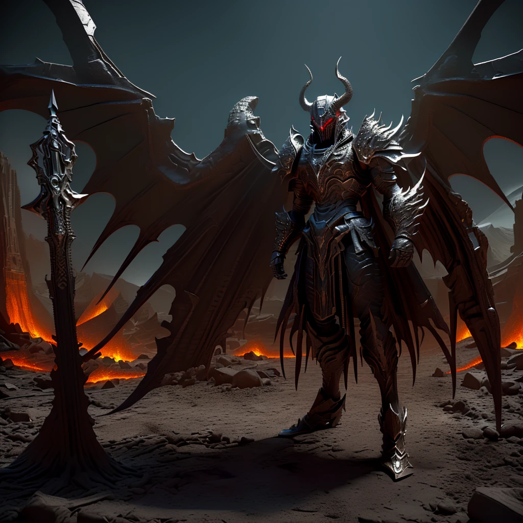 (best quality,16k,32k, masterpiece, ultra-high resolution, (photorealistic: 1.4)
Foreground. (A terrible demon. Steel horns. Stone scales. Burns. Snakeskin. The armor is made of black metal. A huge sword. Huge bat wings.)
Background. (Hell. Lava rivers. Ruins. Swords stuck in the ground.Mountains of corpses.)
