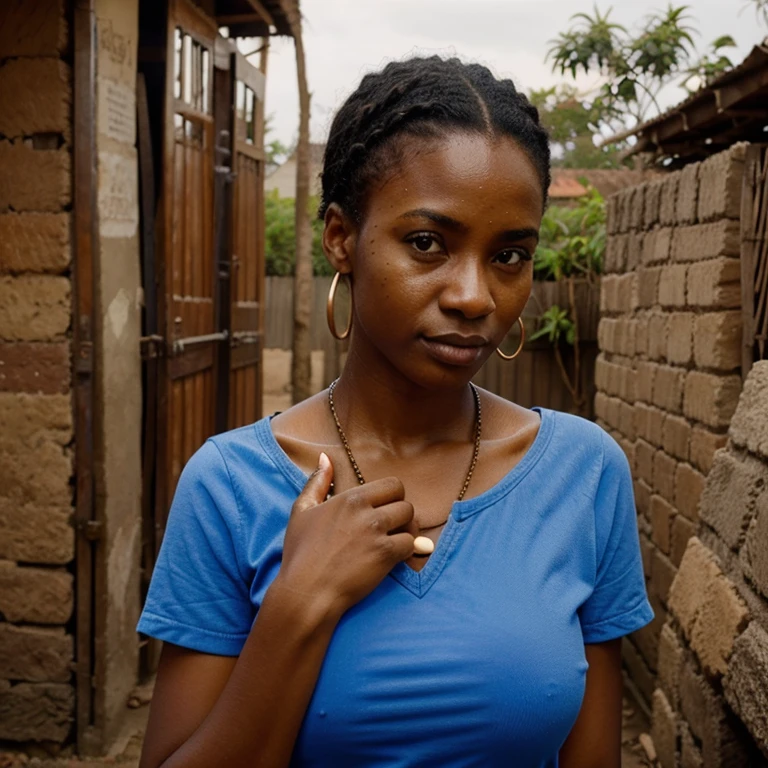 Cria foto de uma mulher africana de 30 anos, sedutora, mostrando os peitos