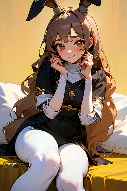 (Masterpiece: 1.5, better quality, high resolution: 1.3, super resolution, super detailed, ultra detailed: 1.3, rich background: 1.2, 1 woman)) Pale skin + light brown hair + wavy hair + dark eyes + deer eyes + Long eyelashes + separate bangs, visible front + female body + medium chest + wide hips + toned body + blush on the cheeks + beautiful legs + pecas on cheeks (it has rabbit ears, it has intricate deer horns, ortho top with neckline, Thick necklace on the neck, leggins to the waist, gabardina with white fluff) ((smiles, sitting in a bed with many pillows, pillows around it, solar lighting, attractive appearance) (colors for clothing: white, brown, black , golden)