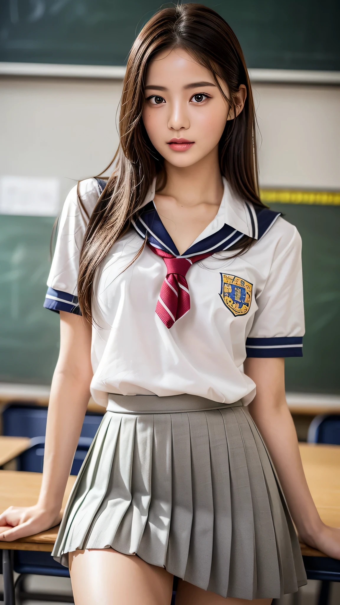 (1girl), (sexy look:1.5), (flat chest:1.3), (Highly detailed eyes, Highly detailed face), (Hyper-realistic, hight resolution), (Best Quality:1.4), (hyper quality), Authentic skin texture, Raw photo, (Realistic, Photorealsitic:1.37), highly detailed, Professional Photography, (school uniform, pleated skirt:1.3), (Staring at me), (panties), (School, classroom),