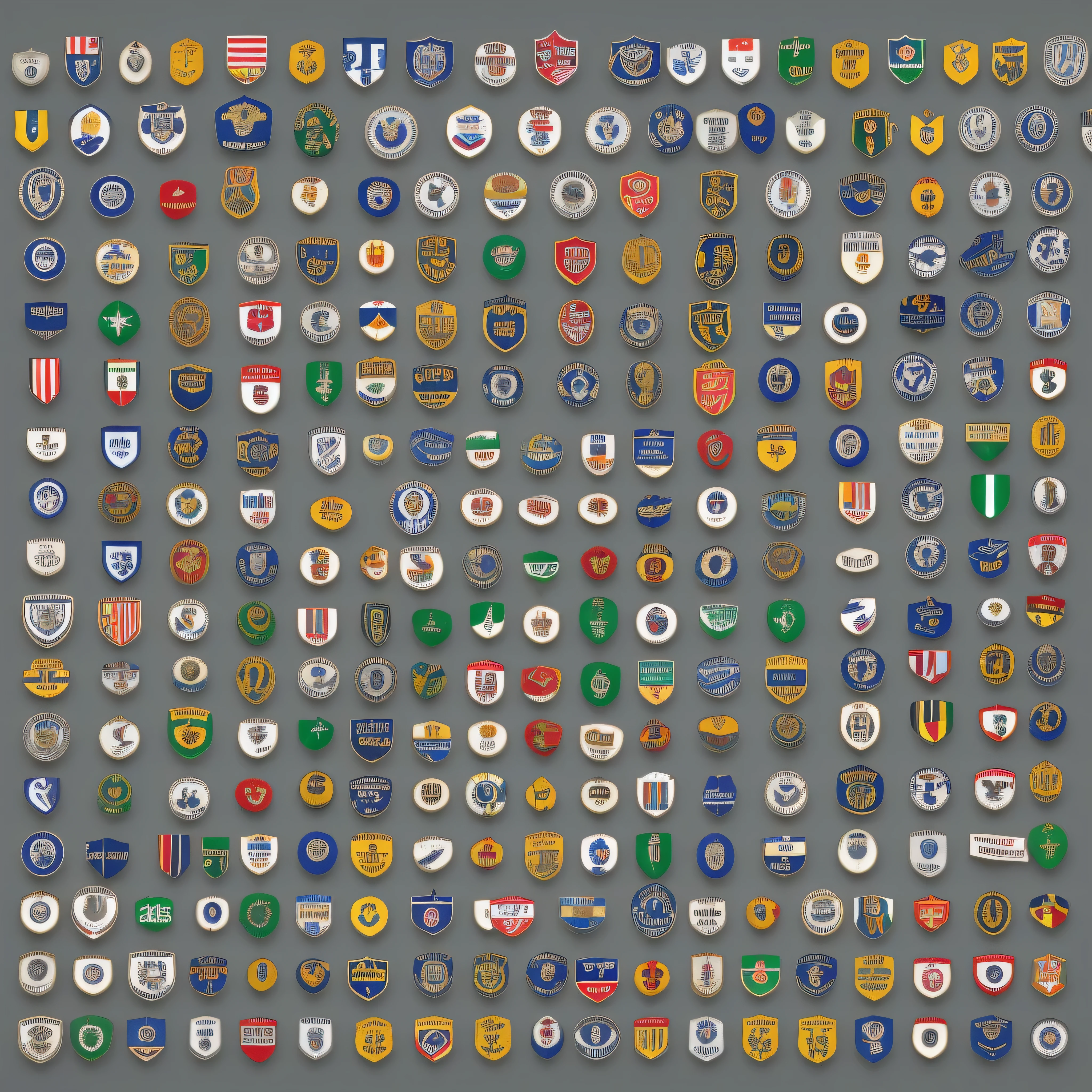 128 football club badges, photorealistic, 8k, highres, 3d render. transparent background, tri color, distinct 3 different colors for each club badge, each club badge on its own image