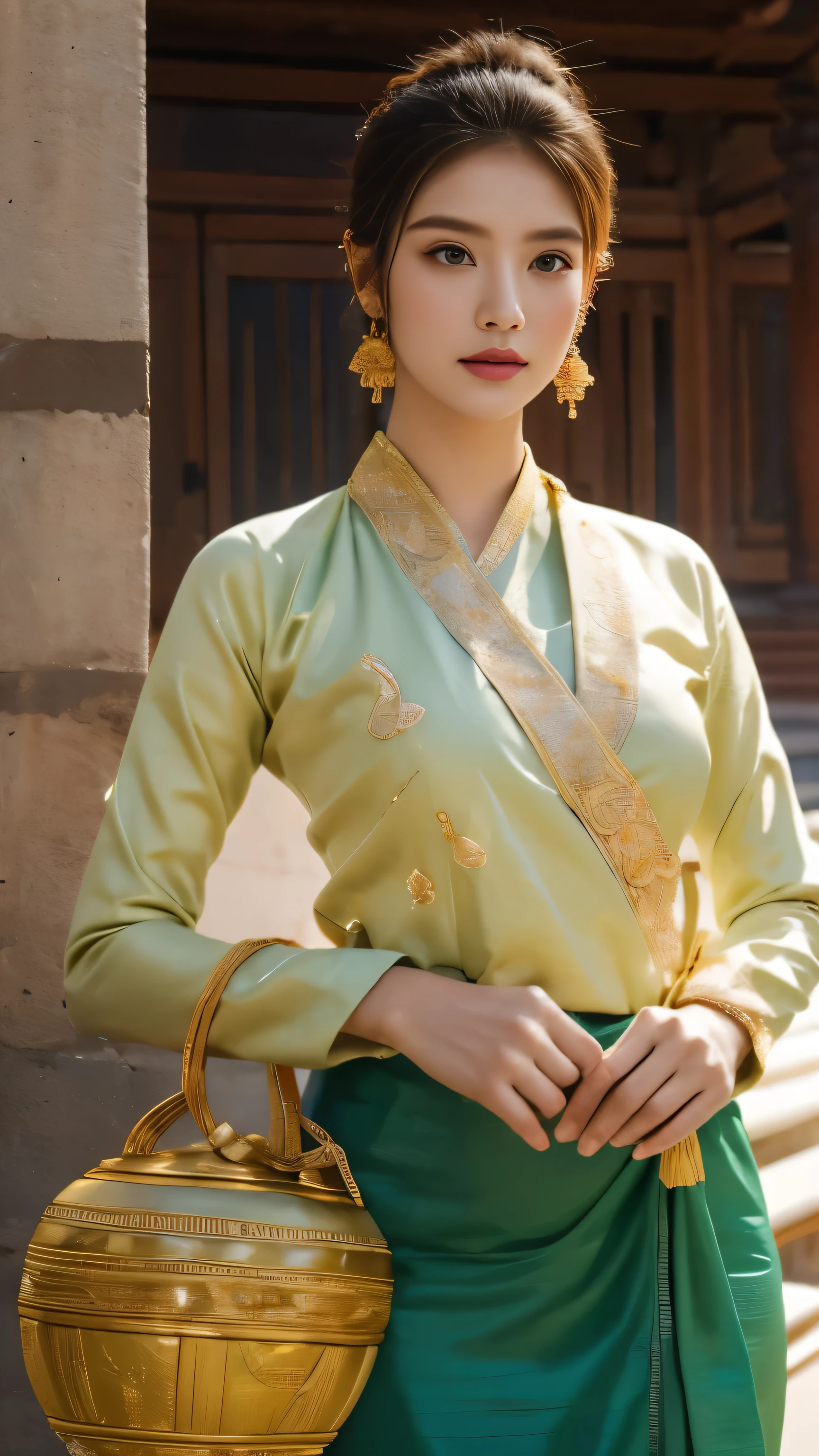 Capture the essence of Lanna Thai elegance in a high-resolution portrait. A captivating young woman stands amidst the weathered grandeur of Bagan's temples, her every pose exuding grace and serenity. Clad in a meticulously crafted Tai Khun costume, vibrant silks and intricate goldwork intertwine in a symphony of cultural richness. Each bangle, necklace, and earring glistens with meticulous detail, whispering tales of tradition with every subtle clink. Her facial features, sculpted with the precision of ancient statues, convey a timeless beauty, while her eyes, like pools of molten gold, hold a hint of playful mischief. Render the intricate textures of her hand-woven garments, the delicate beadwork, and the subtle patterns woven into the very fabric of her being. Let the golden light of the setting sun bathe the scene in a warm, ethereal glow, further accentuating the exquisite craftsmanship of her attire. This image shall be a testament to the enduring legacy of Lanna Thai culture, a timeless tapestry woven from beauty, artistry, and the mystique of ancient Bagan.