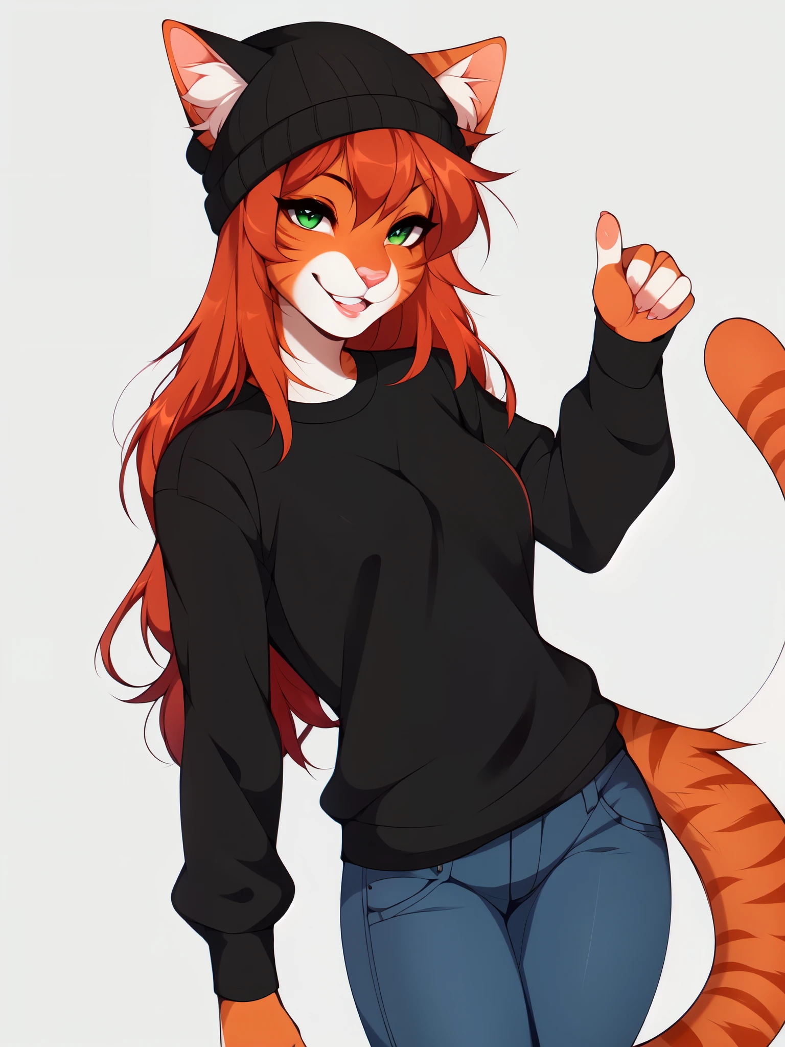 Solo:1.4, Sam, orange tabby cat, green eyes, orange cat ears, long crimson red hair, cute snout, pink nose, black long sleeve shirt, black beanie, ears coming through beanie, jeans, smiling, laughing, lips parted, trendy style clothes, standing, posing playfully, by fumiko, by hyattlen, white background, no background, portrait, ears fully in frame