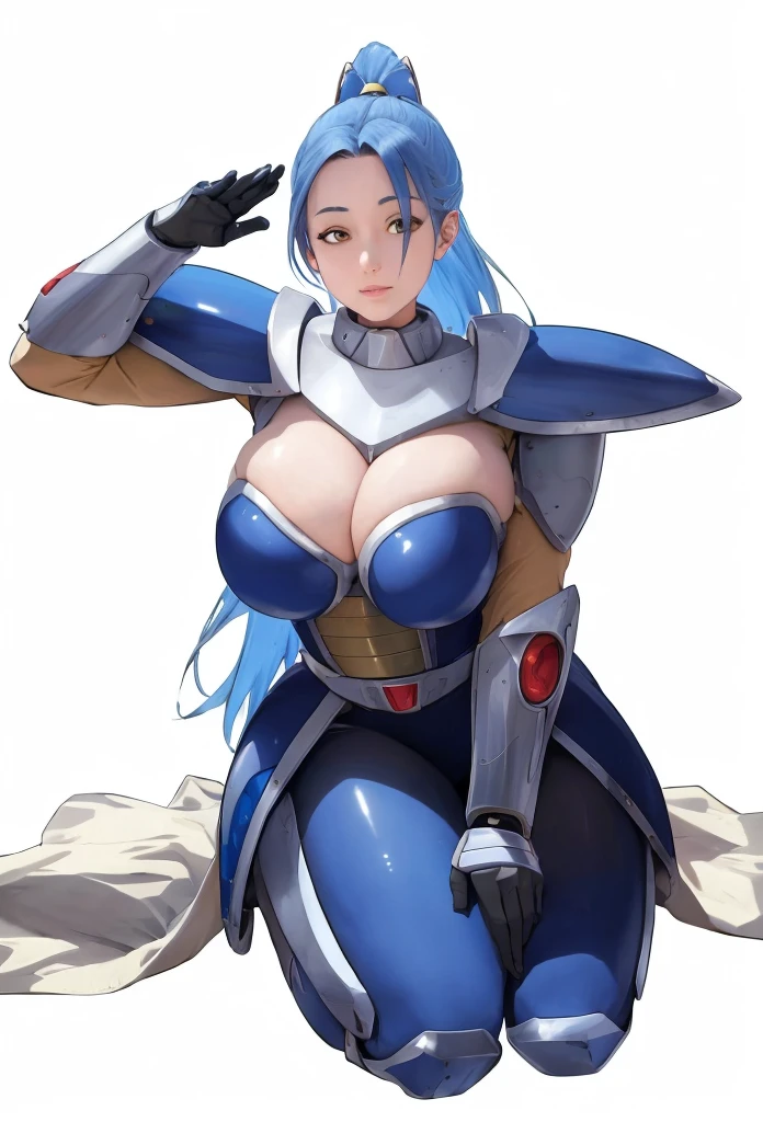 Un primer plano de una mujer con un atuendo azul y blanco, chica armadura, grueso, biomechanical oppai, armadura azul, Krystal de Star Fox, Chica comerciante cyborg, oppai, pale armadura azul, in opal armor, sfw version, Armadura gruesa, Arte oficial de personajes, tensei shitara limo datta ken, mecha femenina