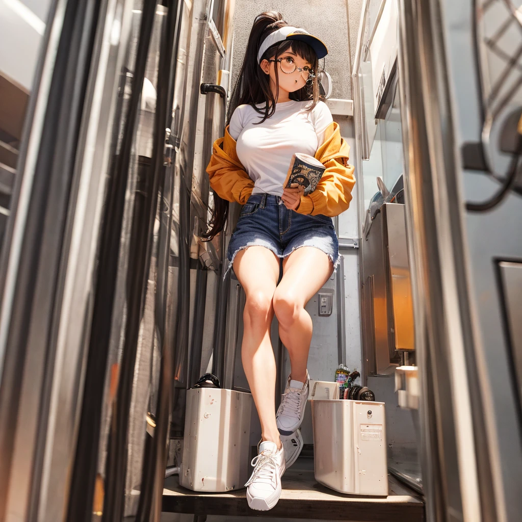 Menina negra, cabelo cacheado, round glasses, caramel sweater, jeans, White sneakers 