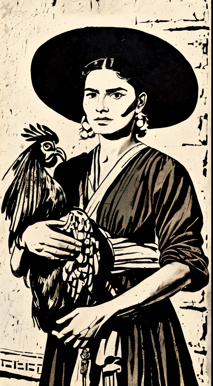 MEXICAN REVOLUTIONARY COSTUME (highres,realistic:1.2), b&w (far west),(portrait:1.1),(illustration:1.1),(mexican revolution:1.1),(woman:1.1) REVOLUTION MEXICAN,(waist up:1.1),(determined expression),(wearing a traditional dress),(holding a rooster:1.1) (with a HAPPY rooster in her arms) ((HAPPY carrying a rooster))