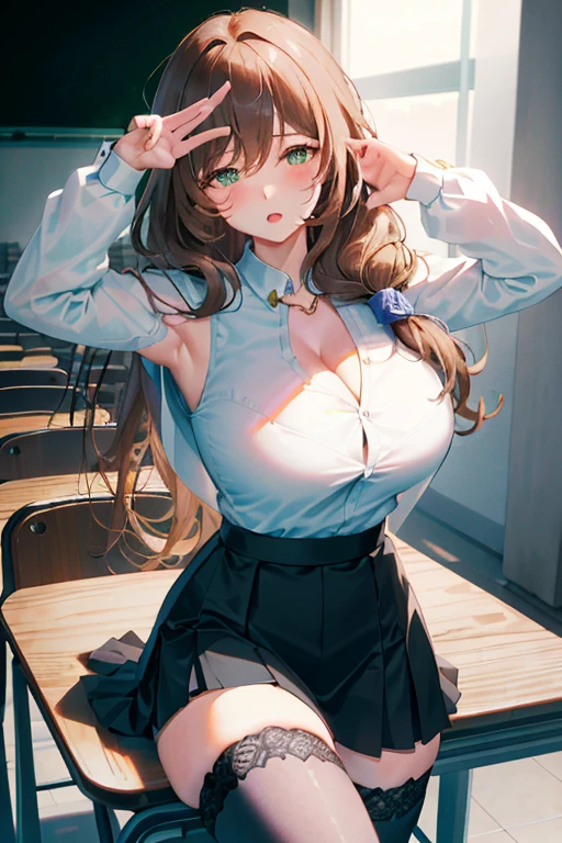 Lisa, genshin impact, 1 girl, alone, ((white shirt)), black Thighhighs, huge breasts, cleavage, uniform, office background, black skirt, pleated skirt, office, hair between eyes, messy hair, large chest, long hair, looking at the viewer, brown hair, red short nails, green eyes, alone, Thighhighs, thighs, very long hair, ((masterpiece)), classroom, machine, Chair, board, class board, Teaching, blush, adult woman, open your mouth, narrow your eyes, emphasize the chest, (View from below), (grab your chest:1.8),