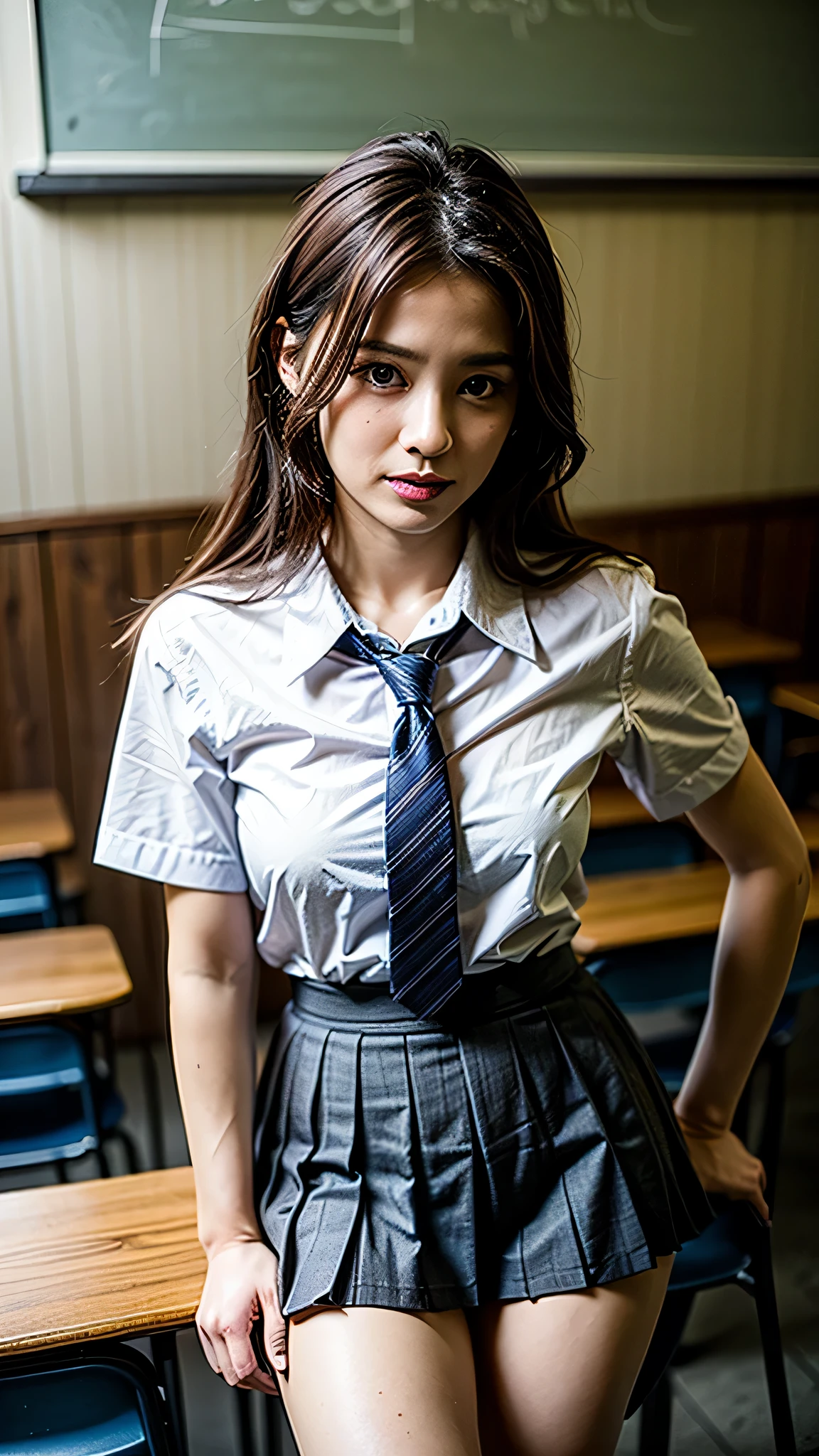 (1girl), (sexy look:1.5), (flat chest:1.3), (Highly detailed eyes, Highly detailed face), (Hyper-realistic, hight resolution), (Best Quality:1.4), (hyper quality), Authentic skin texture, Raw photo, (Realistic, Photorealsitic:1.37), highly detailed, Professional Photography, (school uniform, pleated skirt:1.3), (Staring at me), (panties), (School, classroom),