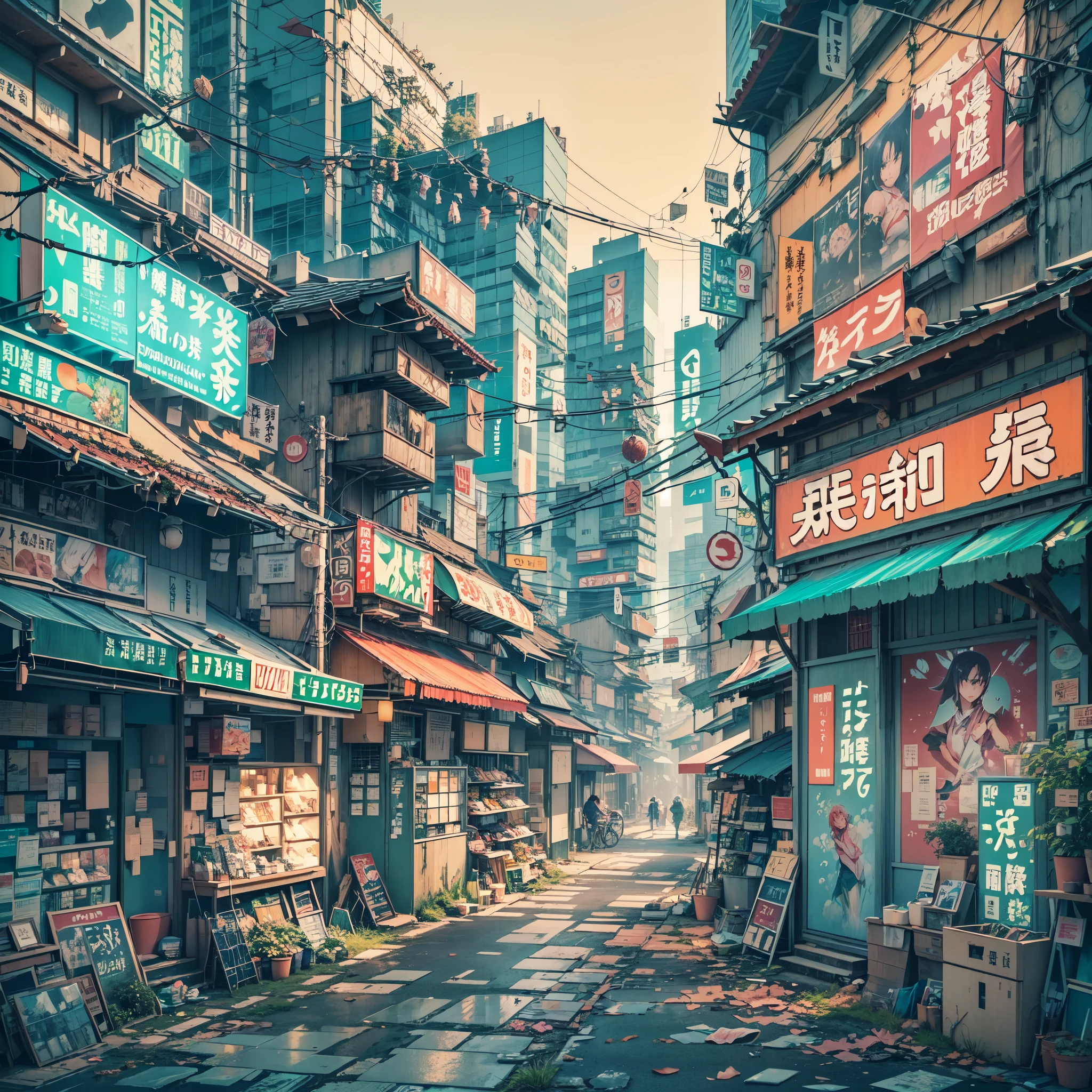 anime, anime style, anime wallpaper, anime background, anime scene, on the outskirts of a japanese cyberpunk setting where there is still grass and nature and hasnt been taken over by urban chaos yet, big retro japanese signs and billboards, japanese shop signs and banners, complex japanese buildings, futuristic japanese architecture, compact scene, tall buildings, day time, bright blue sky, Conceptual art, no one in sight, (no one: 1), best quality, masterpiece, extremely detailed, busy scene,