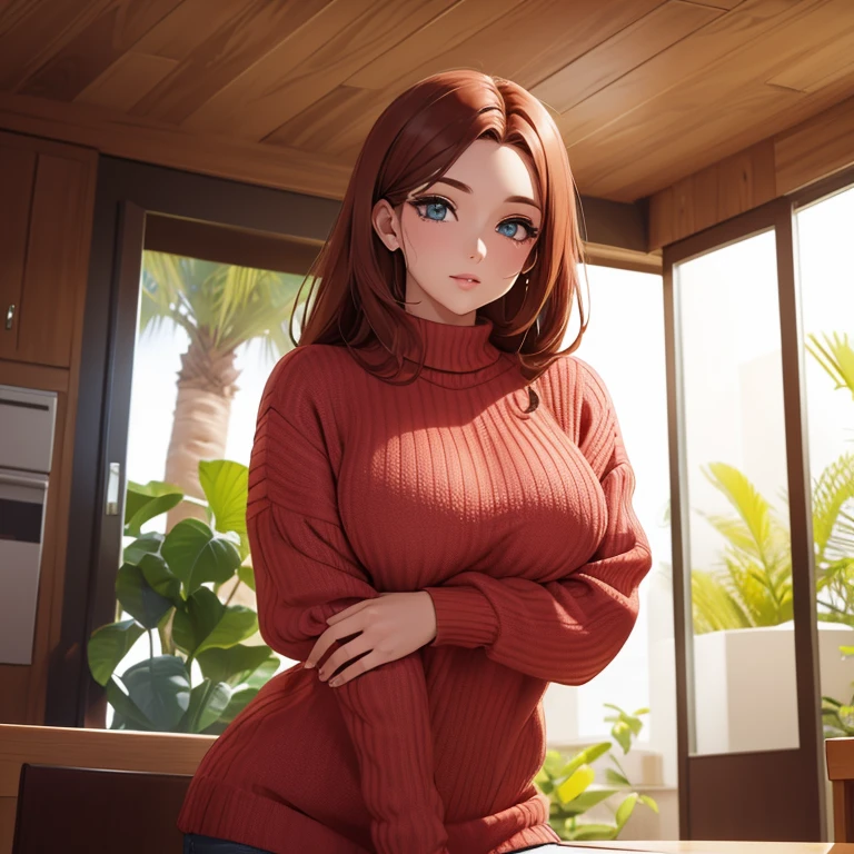 Mulher, seios grandes, ruiva, olhos azuis, transparent sweater, queixo pequeno  
