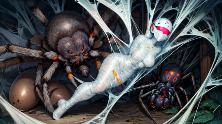 1 girl wearing a cyberhelmet, trapped within a cocoon made of silk, spider web, surrounded by spiders and eggs
