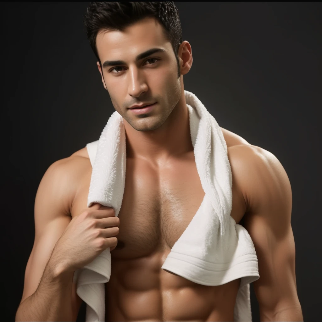 arafed man with towel on his shoulders holding a towel, wearing a towel, attractive male, strong masculine features, masculine features, sparse chest hair, attractive man, smooth body features, handsome male, male model, handsome and attractive, clean shaven face, attractive and good looking, sweating intensely, clean shaven, chest hair, disrobed