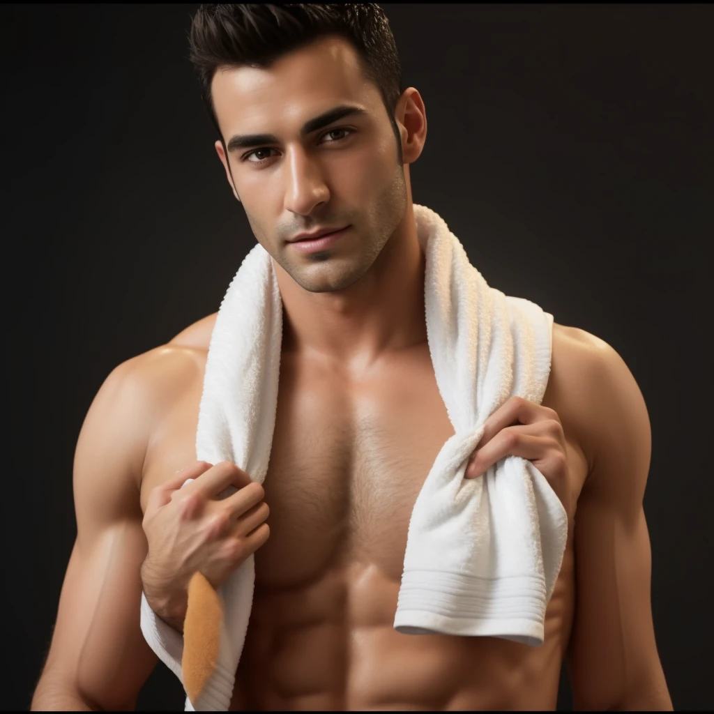 arafed man with towel on his shoulders holding a towel, wearing a towel, attractive male, strong masculine features, masculine features, sparse chest hair, attractive man, smooth body features, handsome male, male model, handsome and attractive, clean shaven face, attractive and good looking, sweating intensely, clean shaven, chest hair, disrobed
