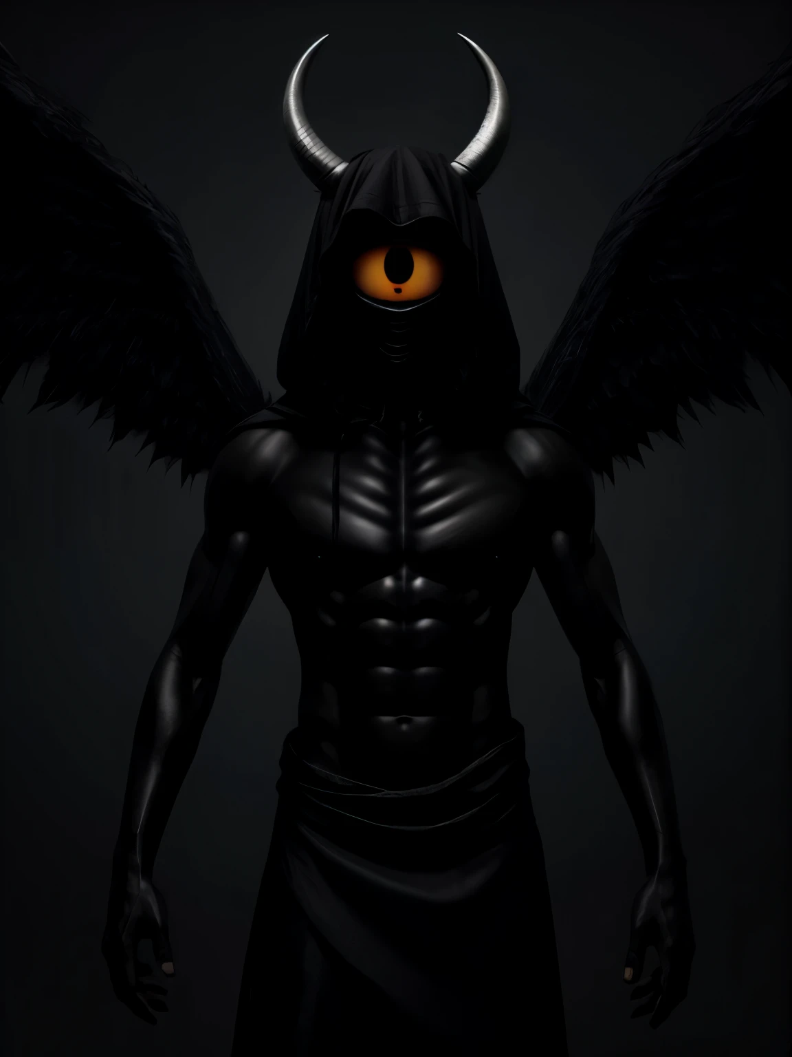 a demon with a huge head, slender body, a single eye, body covered in black cloth like rags, elongated fingers, extremely large mouth with sharp white fangs, two small horns on the head and small wings next to them, one-eyed evil gaze alone, hellish bottom.