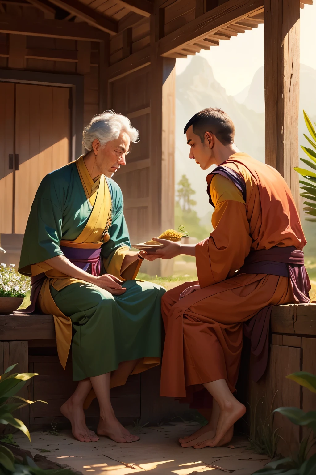 Illustration of a peaceful temple with two monks, o velho e o jovem, discutindo sobre a escassez de arroz.