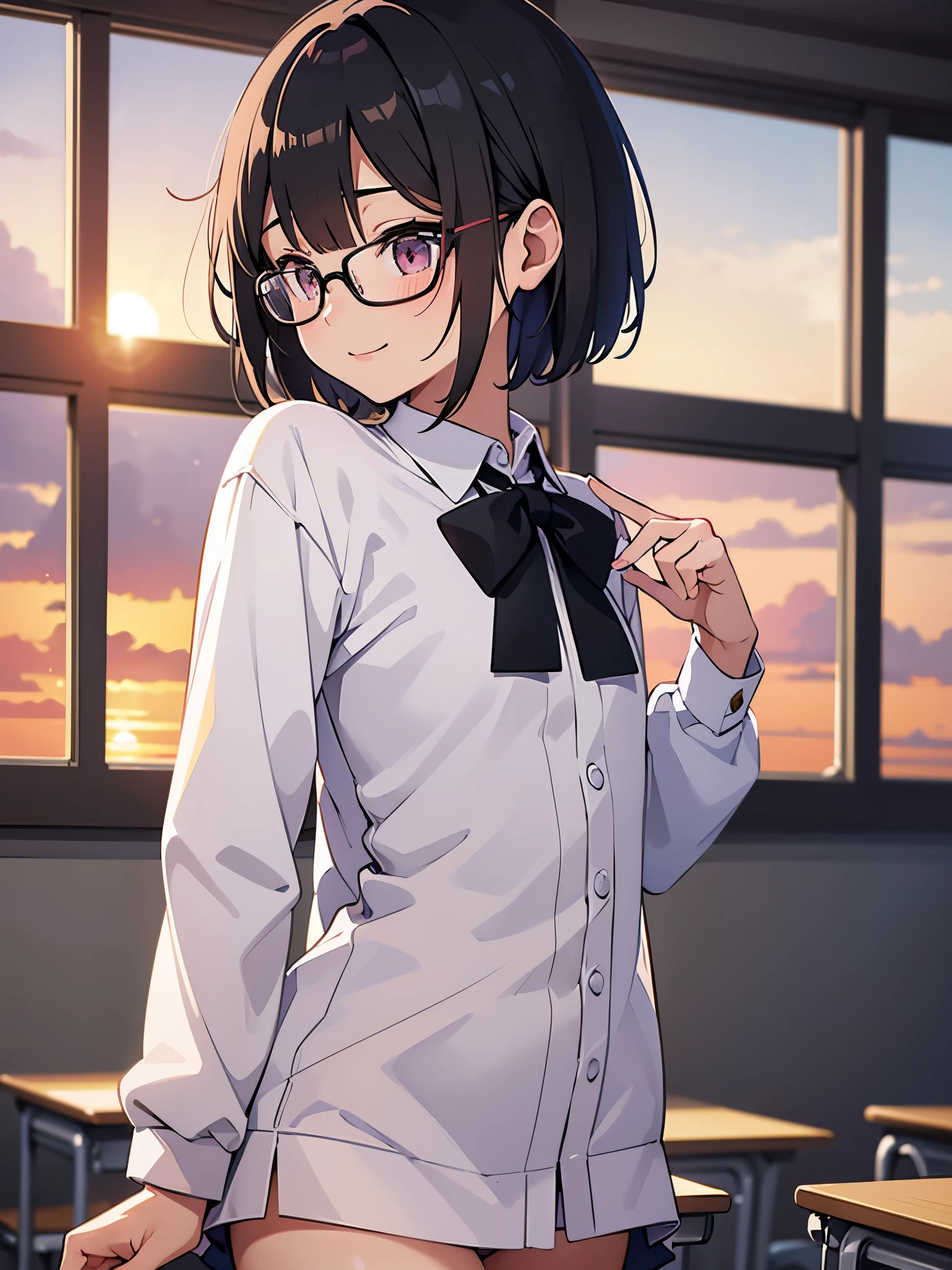 Beautiful soft light, vivid details, anatomical, 正確なプロポーション, very detailed, wonderful, fine details, highest quality, High resolution, sunset, classroom, panty shot, 1girl, small, tobbler, cute, shiny skin, luster skin, blush, smile, flat chest, school uniform, short skirt, white panties, from behind, black bob cut, eyeglasses