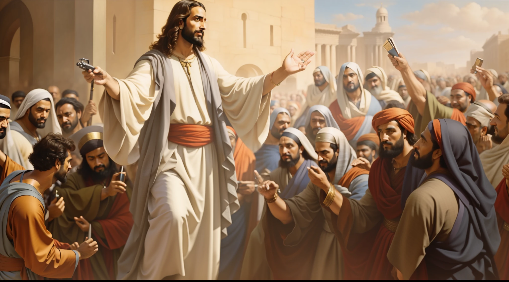 arafed image of jesus walking through a crowd of people, the lord and savior, jesus wasted at a party, bible illustration, greg olsen, jesus christ, beautiful depiction, jon mcnaughton, he is greeting you warmly, by Harrington Mann, religious painting, epic biblical depiction, biblical painting, artistic depiction, jesus, jesus of nazareth, awesome