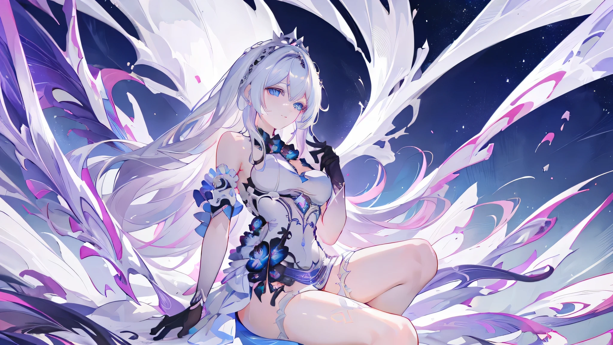 1girl, solo, full body, (best quality,8k,highres,masterpiece:1.2),ultra-detailed,(anime),extremely long white hair,blue eyes,Herrscher of Finality,Kiana \ (Honkai Impact 3),solo, extremely detailed facial features,beautiful detailed eyes,cute,fantasy landscape,vivid colors,flowing dress