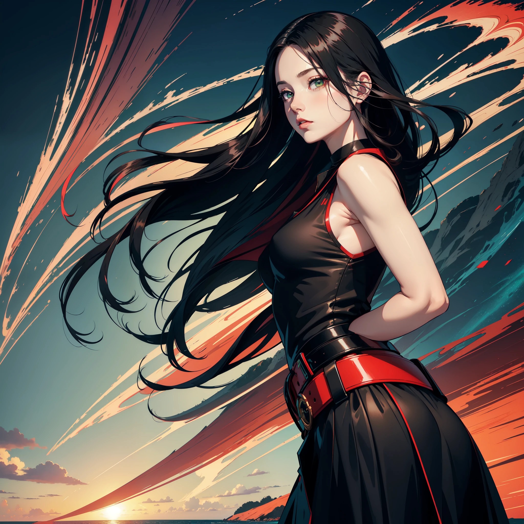 
Digital art, photo realistic, hyper detailed, beautiful woman, 27 years old full height, hands on waist, staring at the horizon, red-black gradient long straight hair, dark-green eyes, sea background, black skirt, white shirt, red belt --niji

