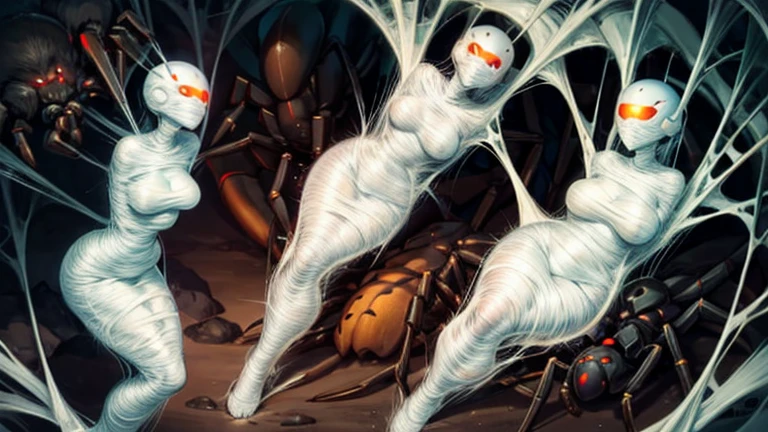 3 girls wearing cyberhelmets, trapped within cocoons made of silk, spider web, surrounded by spiders and eggs