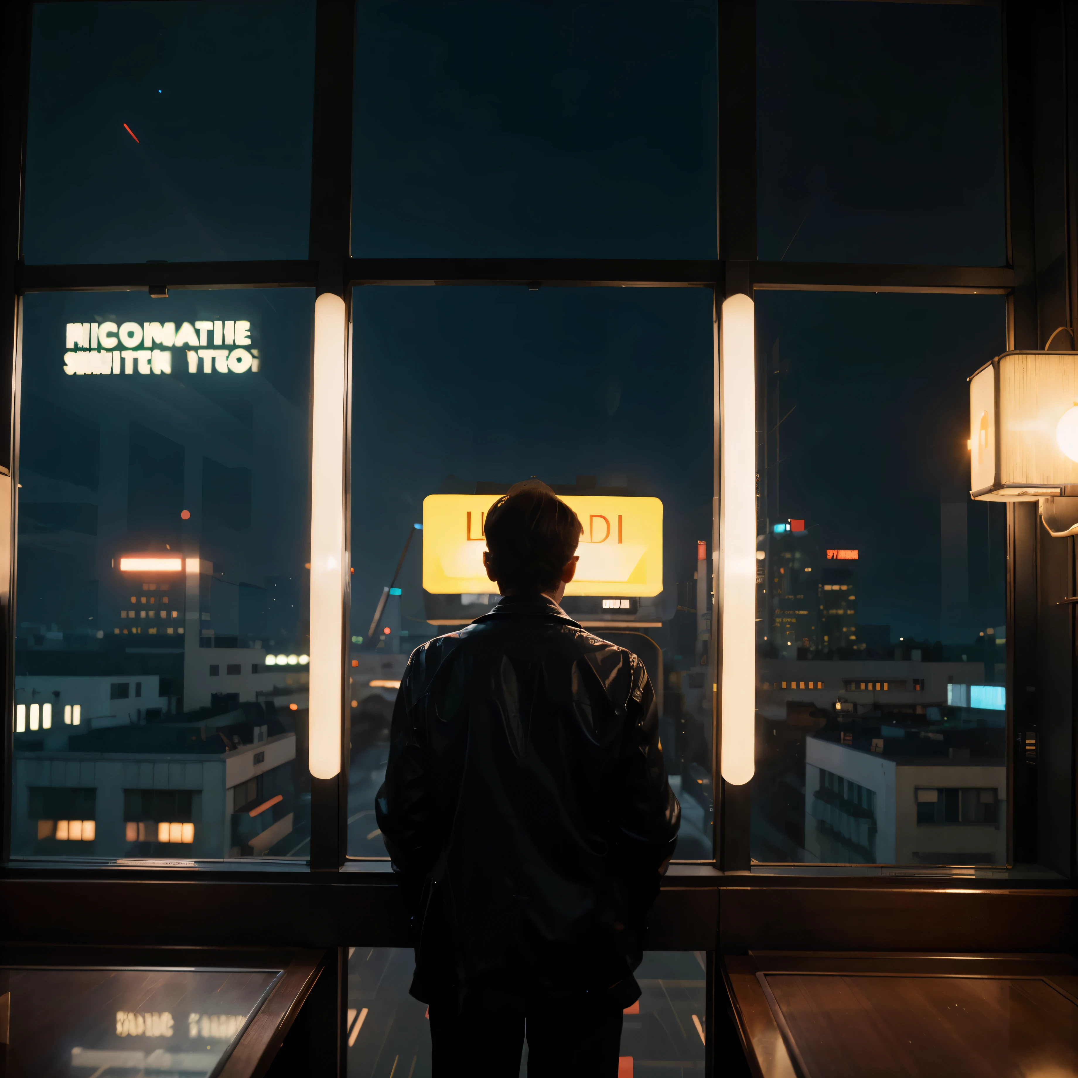 4k image from a 1960s science fiction film by Wes Anderson, Filme O Grande Hotel Budapeste, pastels colors, an big city with neon colors, at night through a window, big city retro futuristic neon, blade runner style, Retro-futuristic from the 60s with old robots, Luz Natural, Psicodelia, futurista estranho, retro-futurista, photo-realistic, Sharp background details, solitude, sadness, lonely man. big moon, man from back