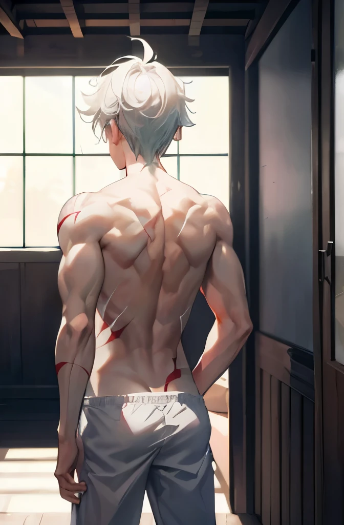 White haired boy, shirtless in his house, showing his back full of scars from fight, cutting scars