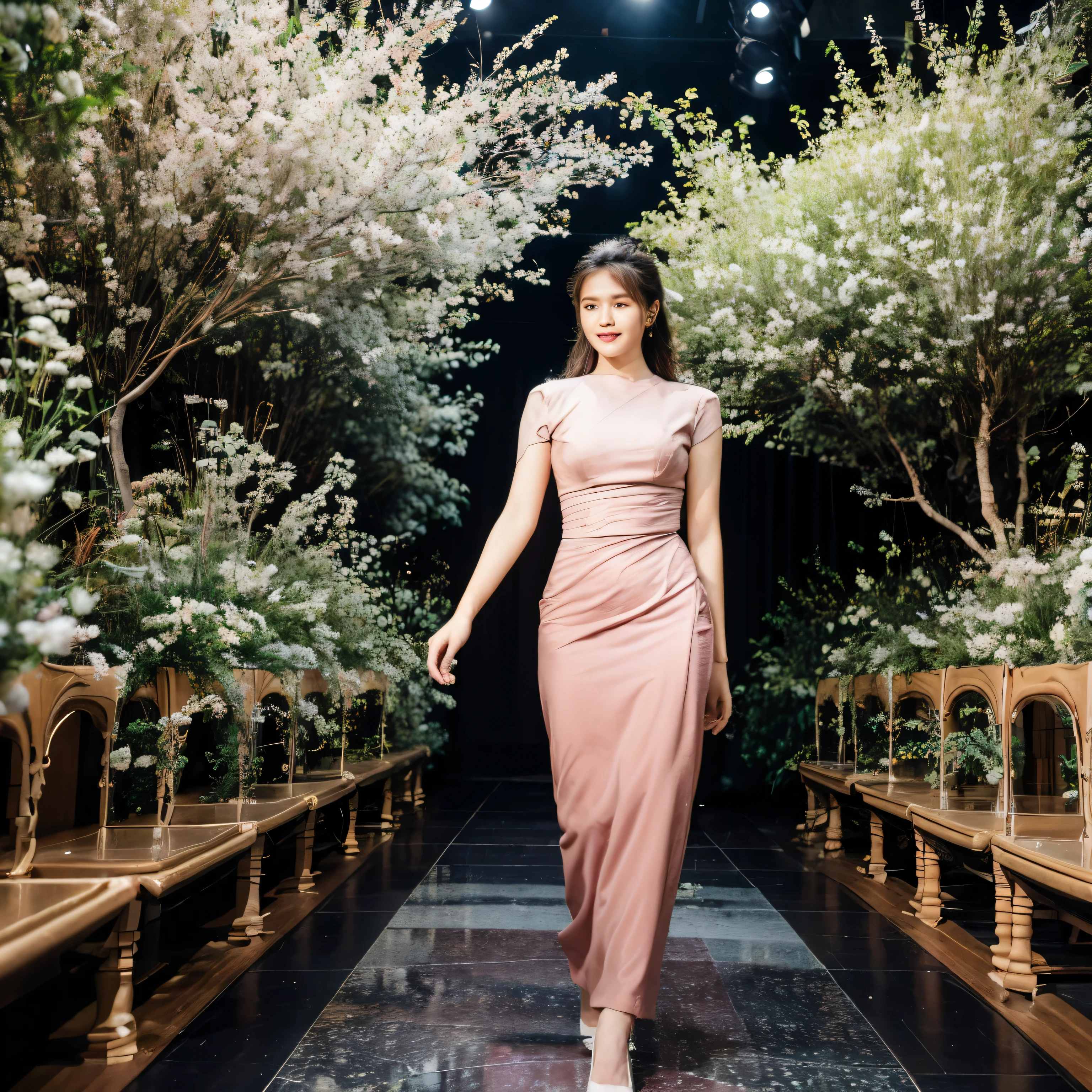 (Best quality,4K,8K,A high resolution,Masterpiece:1.2), Ultra-detailed, (Realistic,Photorealistic,photo-realistic:1.37), fashion show photo, Bar Lefali, (Perfect limbs), fashion show photo, ((fully body photo)), ((There is a very flowing peach-pink dress)),Romantic, supermodel body,,opulent, Beautiful high heels, Glamorous, indoor: (((Runway scene))), (Snowflakes in the background, wave,stars, ), inside in room:Catwalk scene, Long-range shooting.