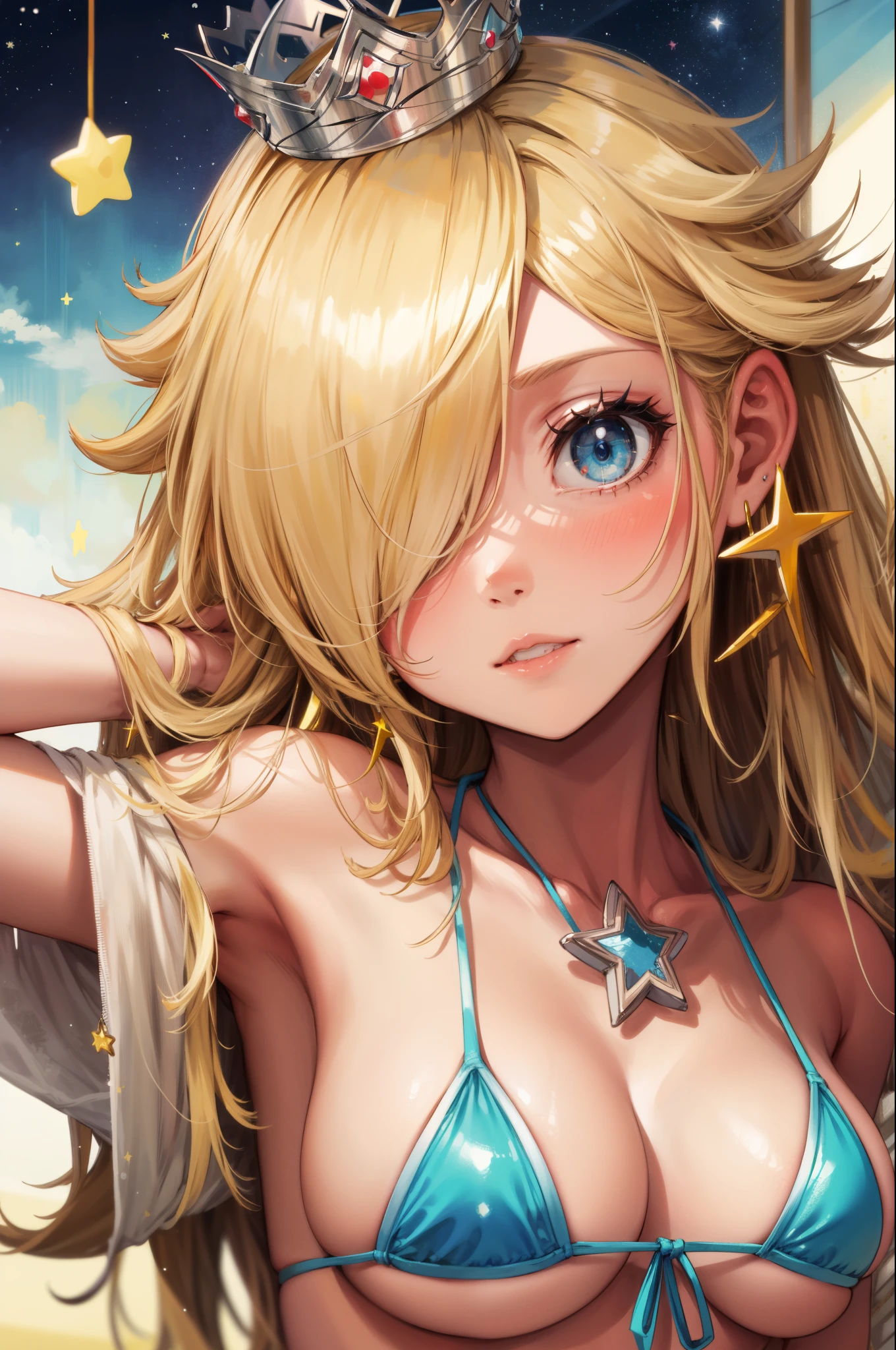 masterpiece,best quality,1girl,blonde hair, micro bikini,blue eyes,crown,hair over one eye,star (symbol),star earrings,