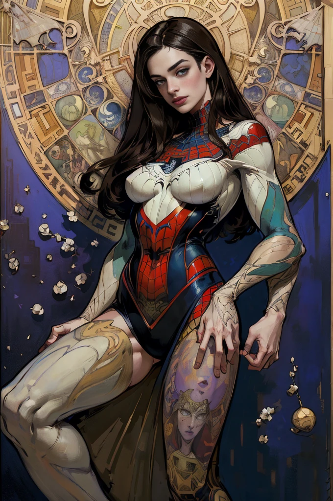 Anne Hathaway、Sticking out the navel、newyork、She wears a torn Spider-Man suit,wearing a skirt、abstract photorealistic、artistic、Alphonse Mucha's painting(masterpiece、highest quality、High resolution:1.4)、detailed、複雑なdetailed、In 4K、color splash、line drawing、fibonacci、