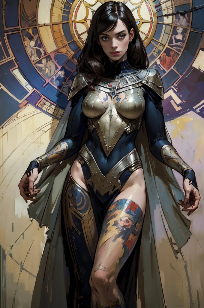 Anne Hathaway、Sticking out the navel、newyork、She wears a torn Spider-Man suit,wearing a skirt、abstract photorealistic、artistic、Alphonse Mucha's painting(masterpiece、highest quality、High resolution:1.4)、detailed、複雑なdetailed、In 4K、color splash、line drawing、fibonacci、