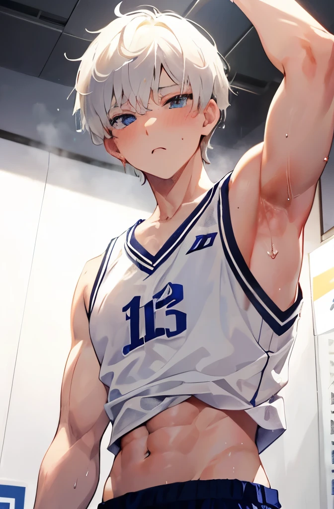 A short white haired boy, wiping sweat, basketball uniform, lifting shirt, sweating, slim and thin body, slightly exposed stomach abs, blue eyes