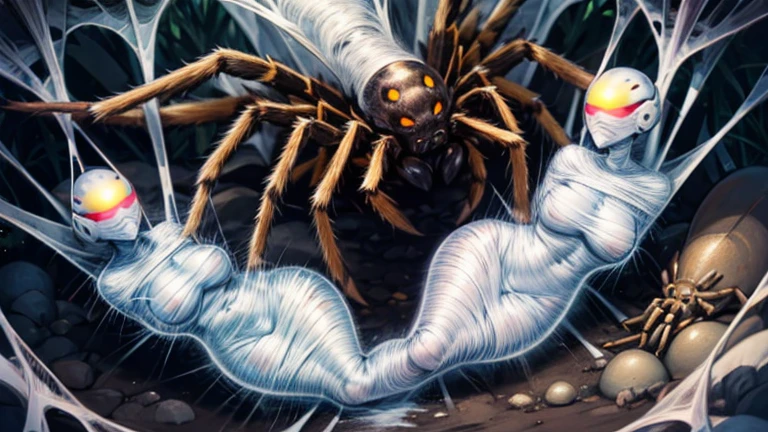 3 girls wearing cyberhelmets, trapped within cocoons made of silk, spider web, surrounded by spiders and eggs