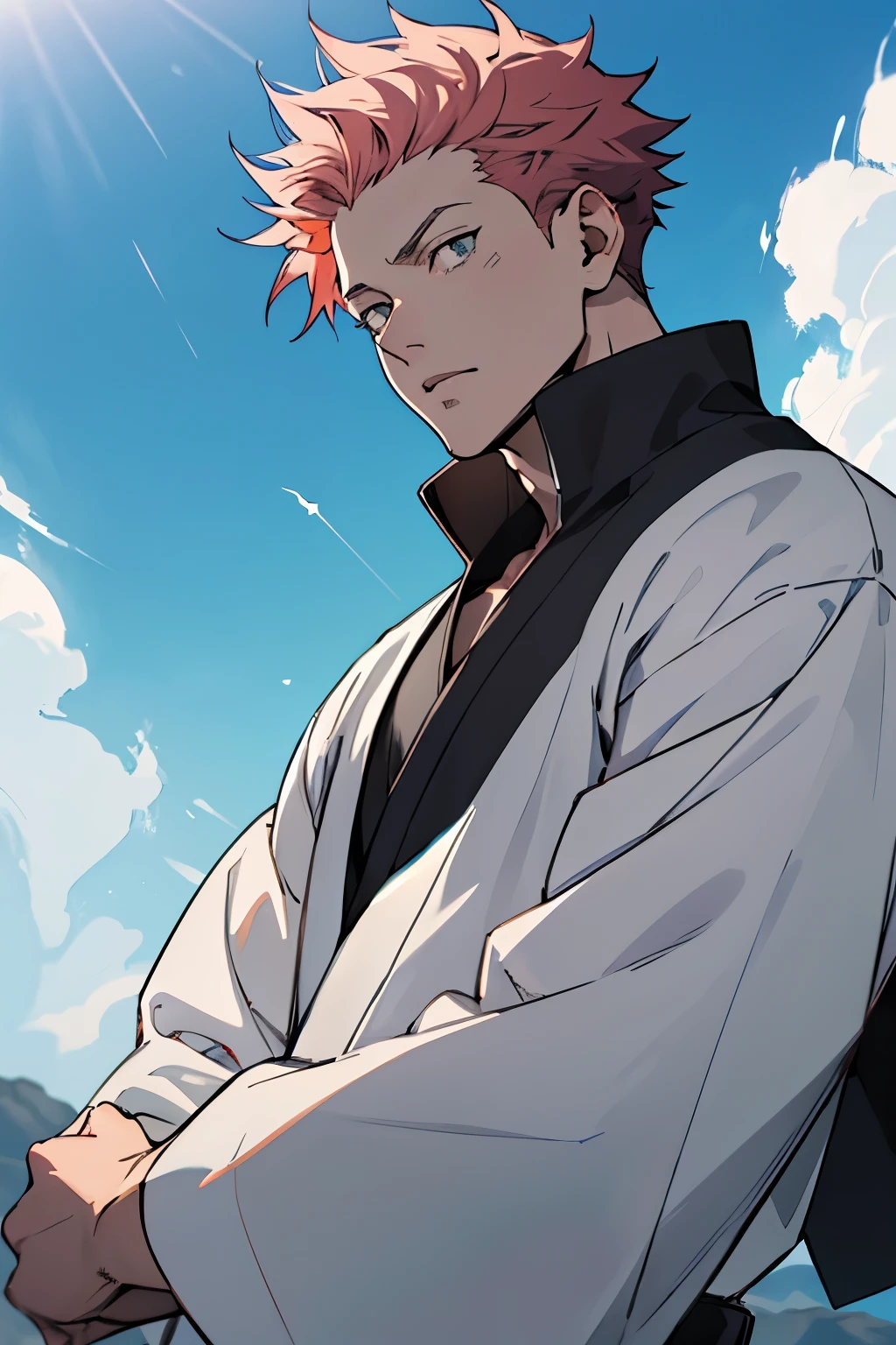 ((melhor qualidade)), ((obra de arte)), (detalhado), rosto perfeito, personagem masculino, estilo anime, jujutsu kaisen, clima quente, cores vividas, magnificent blue sky, folhas levadas pelo vento, cinematic shading, CG anime