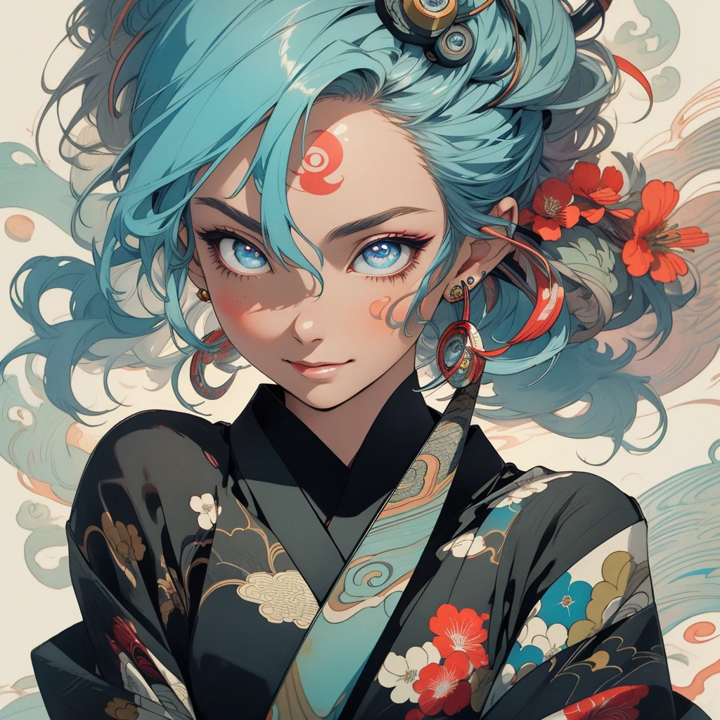 (((highest quality))),(((detailed eyes))),(((32k))),1 girl,hair,(tattoo),cyber punk,kimono,Luxurious and gorgeous,Shiny skin,earrings,flashy,((Super beautiful woman)),perfect face,Japanese sword,ultimate texture,official art,Ukiyo-e,stylish,photograph,perfect body,smile,Bewitching,Highest image quality,distinct,real,fantasy,(Near the future),
