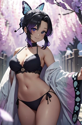 Ultra-realistic 8KCG，master piece，（（highly detailed background，delicate pattern，intricate details）），best quality，very knowledgeable person，highly detailed eyes and face，highly detailed eyes，Kocho Shinobu，colorful hair，No bangs，hair intake，black eye，cap，black shirt，black panties，（bikini），butterfly，strip strip，（Trepical garden：1.2），purple flower，mostly cloudy sky，Light of the sun，Tyndall effect，Slope_heaven，face，beautiful sky，saber on waist，seductive posture，（big and full breasts:1.3)，（split:1.3)，（off shoulder costume:1.5),smile, Appearance from behind, butt sticking out