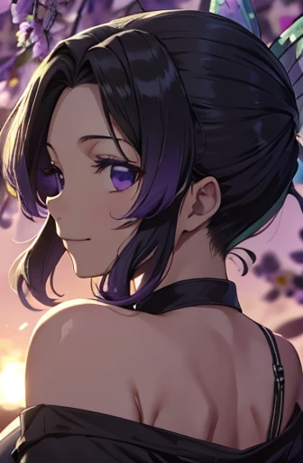 Ultra-realistic 8KCG,master piece,((highly detailed background,delicate pattern,intricate details)),best quality,very knowledgeable person,highly detailed eyes and face,highly detailed eyes,Kocho Shinobu,colorful hair,No bangs,hair intake,black eye,cap,black shirt,black panties,(bikini),butterfly,strip strip,(Trepical garden:1.2),purple flower,mostly cloudy sky,Light of the sun,Tyndall effect,Slope_heaven,face,beautiful sky,saber on waist,seductive posture,(big and full breasts:1.3),(split:1.3),(off shoulder costume:1.5),smile, Appearance from behind, butt sticking out