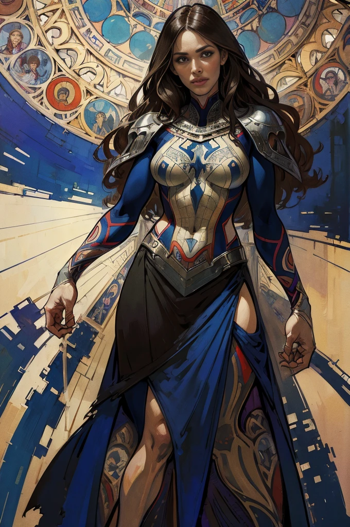 Melissa Benoist、Sticking out the navel、newyork、She wears a torn Spider-Man suit,wearing skirt、abstract photorealistic、artistic、Alphonse Mucha's painting(masterpiece、top-quality、hight resolution:1.4)、detaileds、intricate-detail、4K、color splashes、line-drawing、Fibonacci、