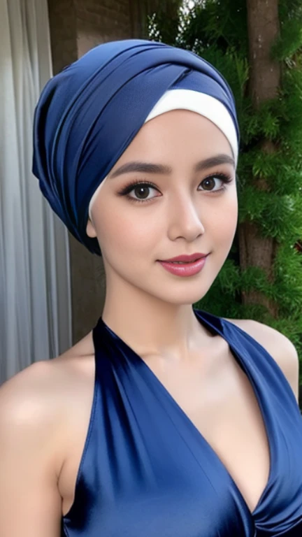Masterpiece, realistic, best quality, best lighting, 1 pretty girl with angelic face, ((full bodyshot)), beautifully makeup, eyeshadow, Parted Lips, Detailed Eyes, beautiful big eyes, long eye lashes, smile, wearing ((Dark blue satin headscarf)), loosely tide hijab style, exposed cleavage, very big breast, (seducing, sexy pose), (sexy tribal top and grass_skirt)