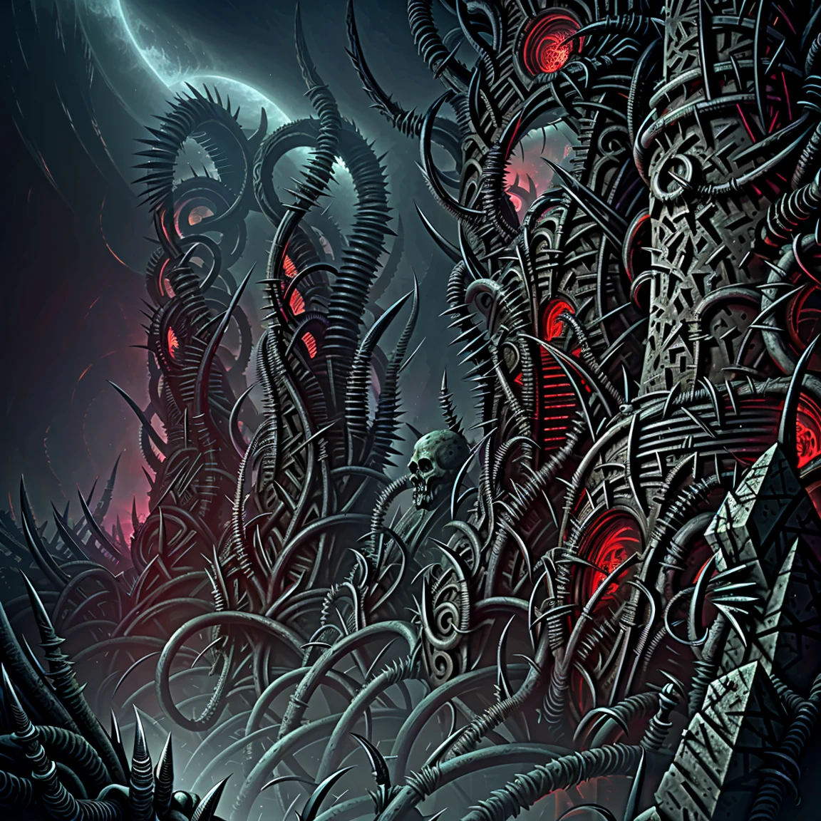 Diabolical maze, horrible futurist biomechanical valley in ruins, evil sculptures, cosmic horror, abyss view, evil and madness, thorns, spiked walls. Sky in suffering. Creepy illustration, Horror art, color drawing, art by Dan Seagrave. View from the top, horror art landscape, complex biomechanicals monuments, biomorphic beings from the 4th dimension, spiked walls, madness, thorns. Artstation, UHD, unreal engine, line art drawing style.