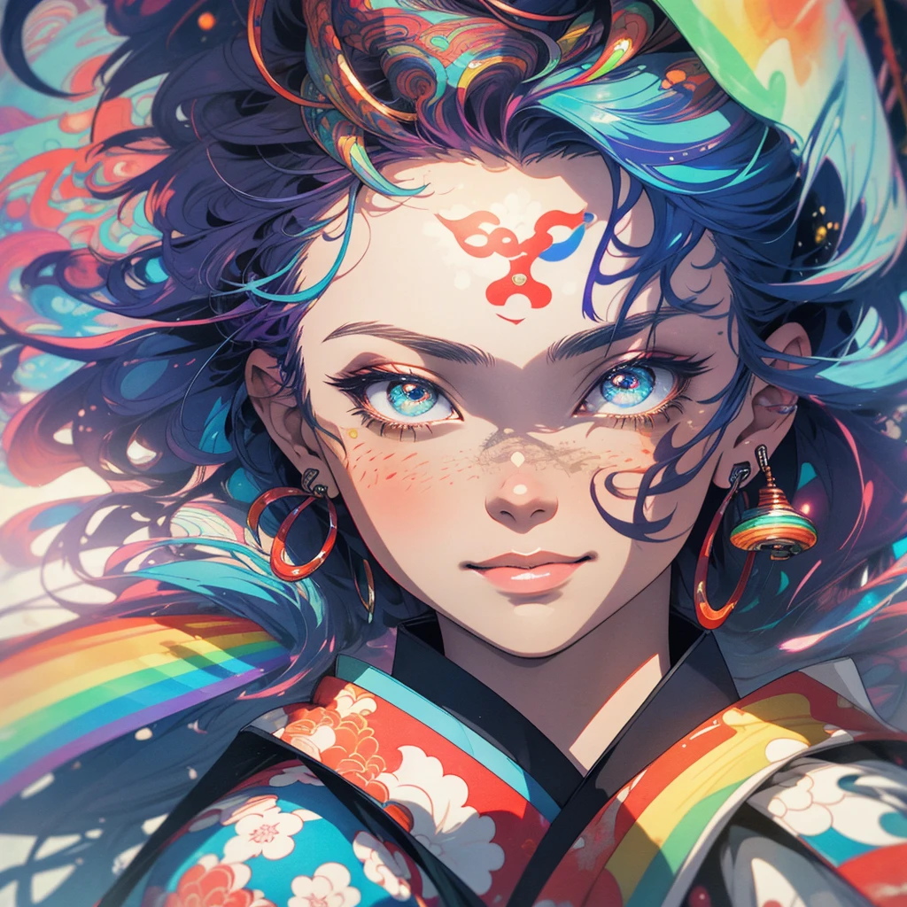 (((highest quality))),(((detailed eyes))),(((32k))),1 girl,rainbow colored hair,(Japanese tattoo),cyber punk,Rainbow kimono,Luxurious and gorgeous,Shiny skin,earrings,flashy,((Super beautiful woman)),perfect face,Japanese sword,ultimate texture,official art,Ukiyo-e,stylish,photograph,perfect body,smile,Bewitching,Highest image quality,distinct,real,fantasy,Near the future,