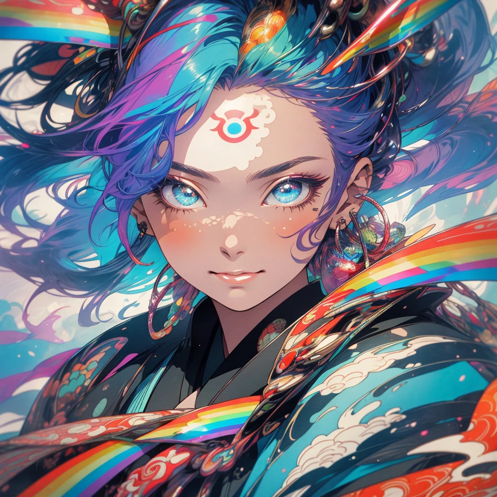 (((highest quality))),(((detailed eyes))),(((32k))),1 girl,rainbow colored hair,(Japanese tattoo),cyber punk,Rainbow kimono,Luxurious and gorgeous,Shiny skin,earrings,flashy,((Super beautiful woman)),perfect face,Japanese sword,ultimate texture,official art,Ukiyo-e,stylish,photograph,perfect body,smile,Bewitching,Highest image quality,distinct,real,fantasy,Near the future,