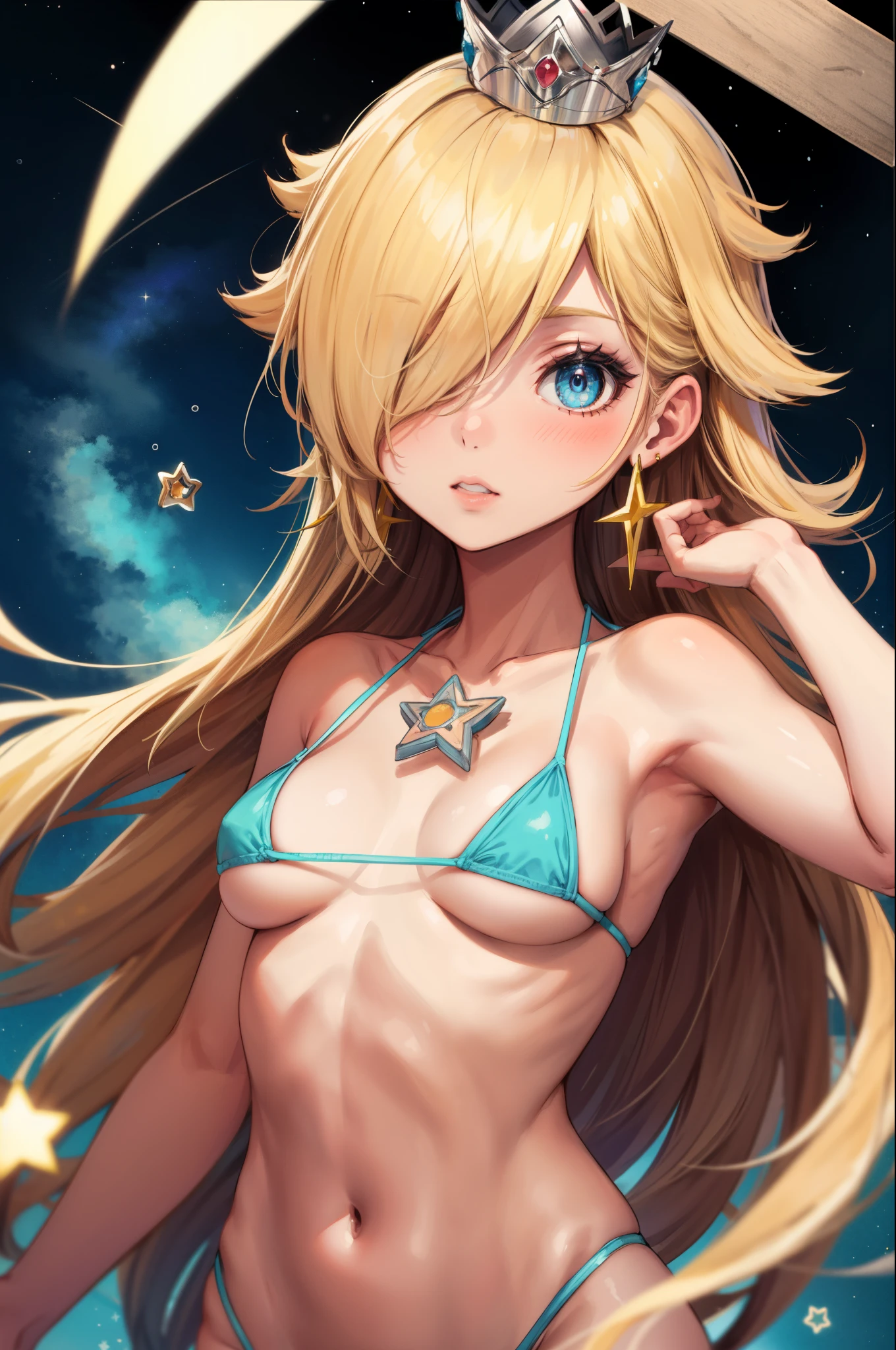 masterpiece,best quality,1girl,blonde hair, micro bikini,blue eyes,crown,hair over one eye,star (symbol),star earrings,