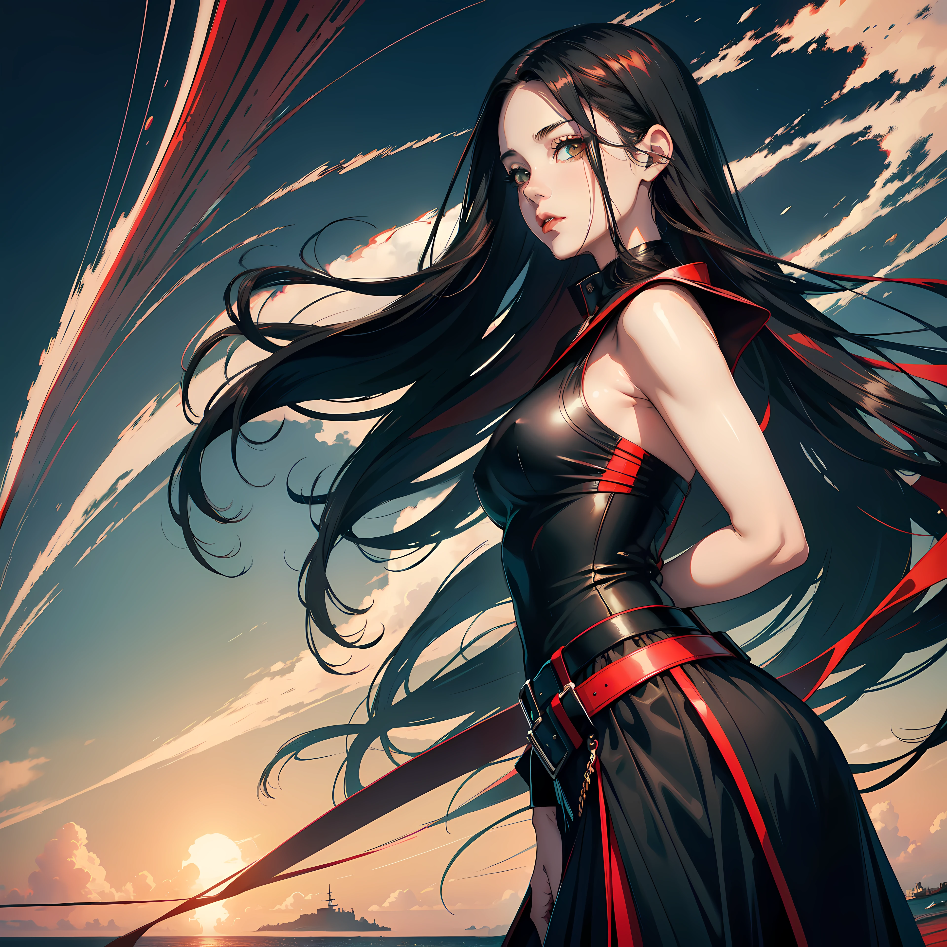 Digital art, photo realistic, hyper detailed, beautiful woman, 27 years old full height, hands behind her back, staring at the horizon, red-black gradient long straight hair, dark-green eyes, sea background, black skirt, white shirt, red belt