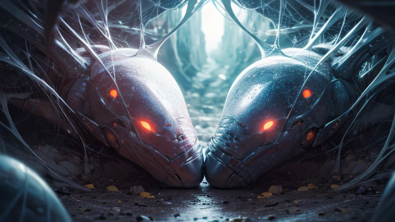 2 girls wearing cyberhelmets, trapped within cocoons made of silk, spider web, surrounded by spiders and eggs, [detailed web patterns], [gossamer threads], [sinister atmosphere], [eerie lighting], (high contrast, dramatic lighting), (ominous:1.1), (mysterious:1.1), (futuristic:1.2), (dystopian:1.1), (intricate details), (intense:1.1), (unrealistic colors), (surreal:1.1), (photorealistic:1.1), (best quality,4k,8k,highres,masterpiece:1.2)