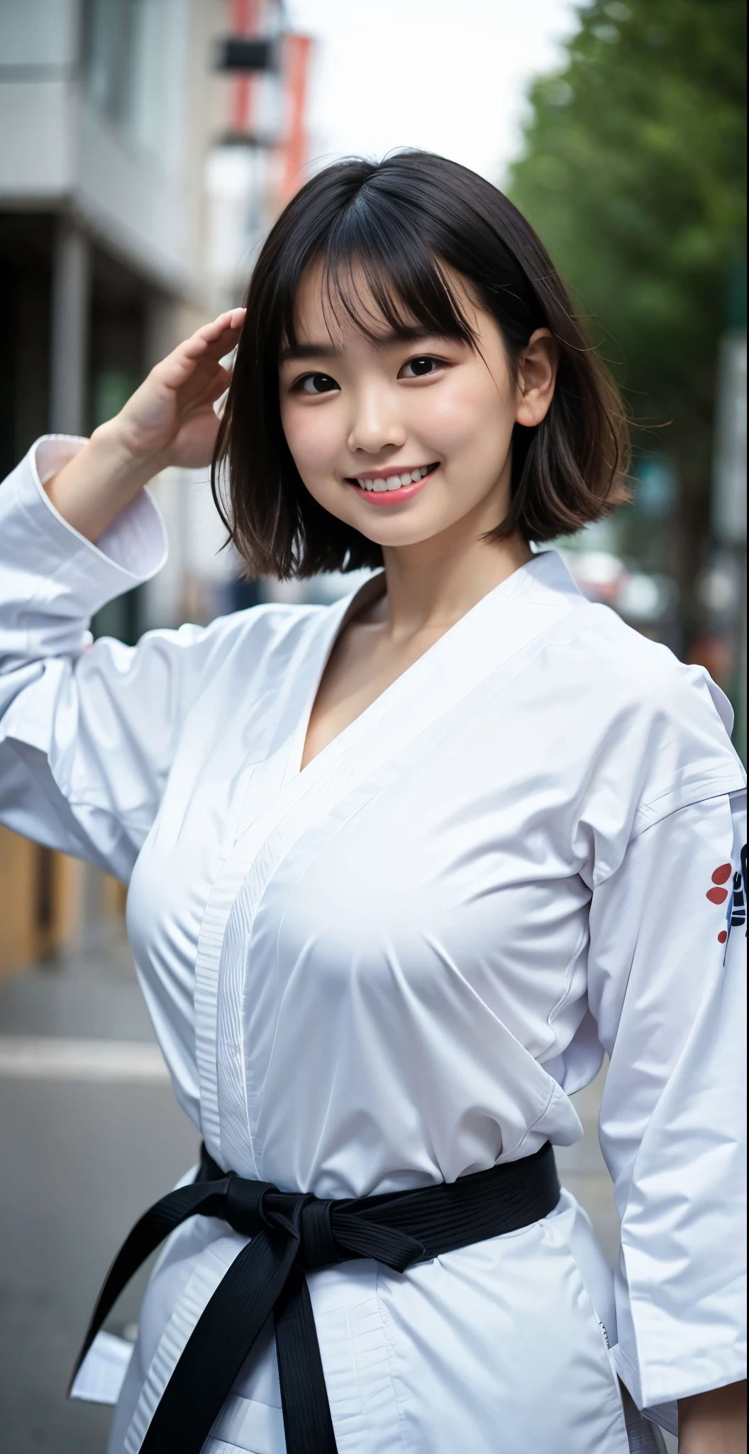 （8K、Raw photography、highest quality、masterpiece：1.2),(black haired、very short hair:1.5),show viewer,Looking at the front,erotic,white skin,(Wearing a karate kimono:1.7)、(Clothing that emphasizes the shape of your chest、exposing one&#39;s skin:1.6)、(big boobs:1.0)、slim body shape、ultra high resolution,beautiful,beautiful fece,(alone, alone、no background:1.9),whole bodyボディー,japanese woman,（Photoreal：1.37）、photon mapping,reality、(Cute with a baby face: 1.5)、(cute smile: 1.7)、(With a round face: 1.9)、radio city、Physically based rendering、depth of field rally background、photograph, (I can see your knees,close up of thighs:1.4),whole body、super fine